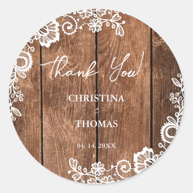 Rustic Wood Lace Country Barn Wedding Thank You Classic Round Sticker (Front)