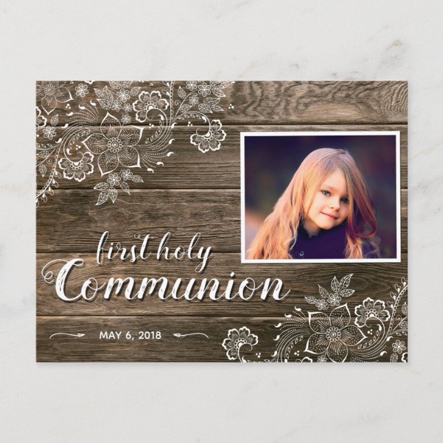 Rustic Wood Lace First Communion Photo Invitation (Front)