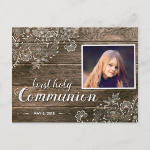 Rustic Wood Lace First Communion Photo Invitation Postcard