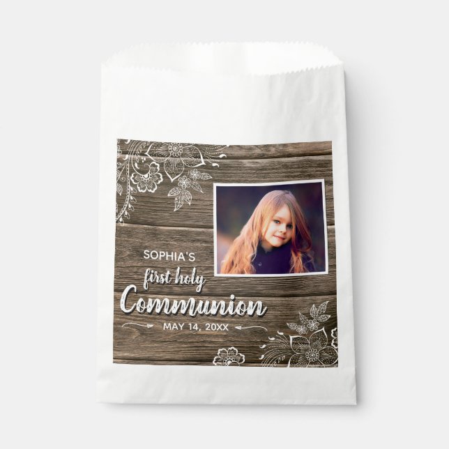 Rustic Wood Lace First Holy Communion Photo Favour Bags (Front)