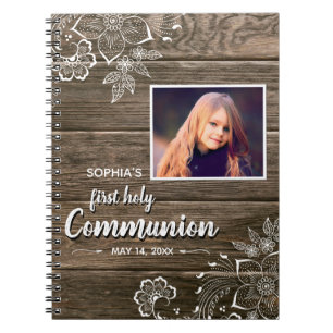 Rustic Wood Lace First Holy Communion Photo Notebook