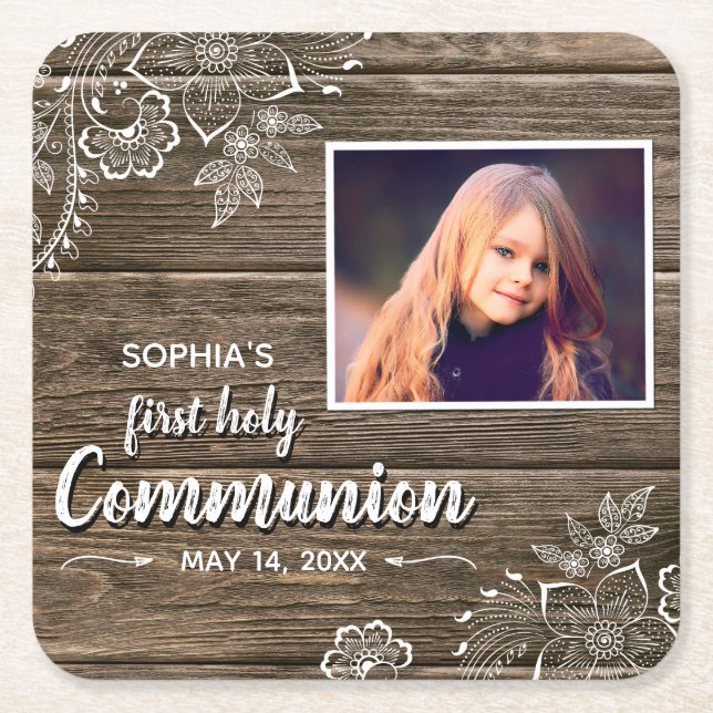 Rustic Wood Lace First Holy Communion Photo Square Paper Coaster (Front)