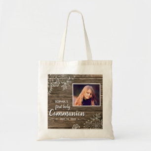 Rustic Wood Lace First Holy Communion Photo Tote Bag