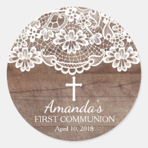 Rustic Wood Lace First Holy Communion Sticker