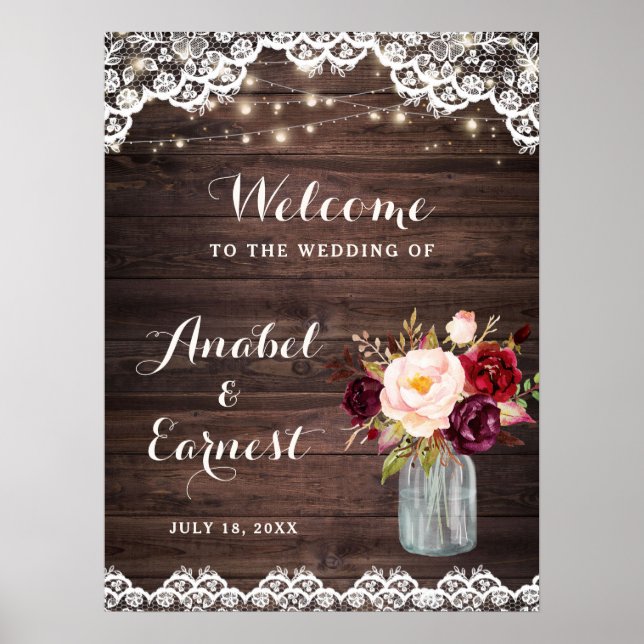 Rustic Wood Lace Floral Blush Wedding Welcome Sign (Front)