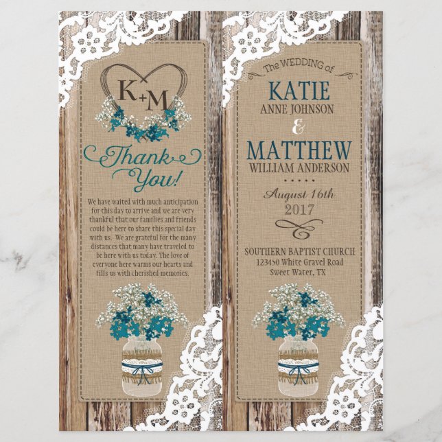 Rustic Wood Lace Floral Bouquet Program Card (Front)