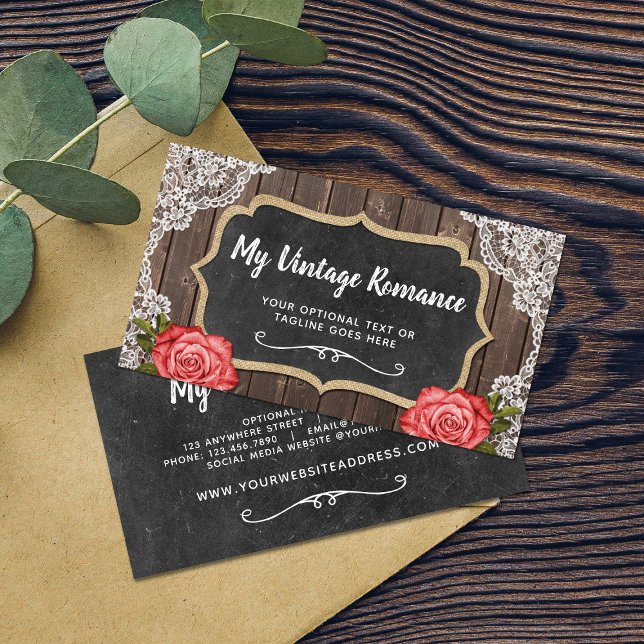 Rustic Wood & Lace Floral Chalkboard Country Chic Business Card (Creator Uploaded)
