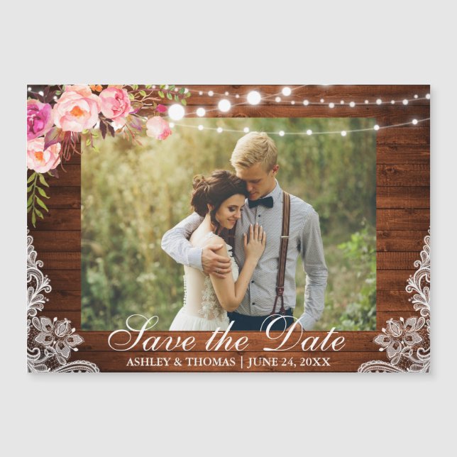 Rustic Wood Lace Floral Magnetic Save the Date (Front)
