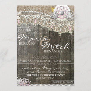 Rustic Wood & Lace Floral Wedding Invitation