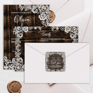 Rustic Wood Lace Floral Wedding Thank You Square Sticker
