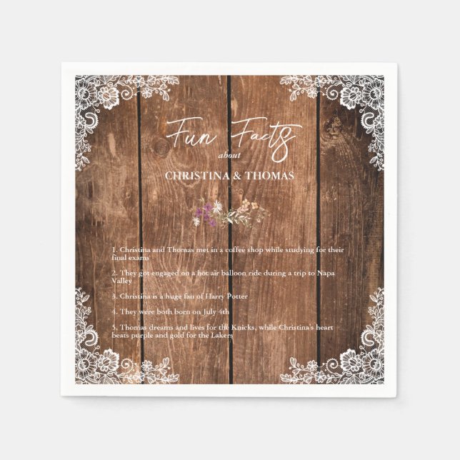 Rustic Wood Lace Fun Facts Barn Wedding Napkin (Front)