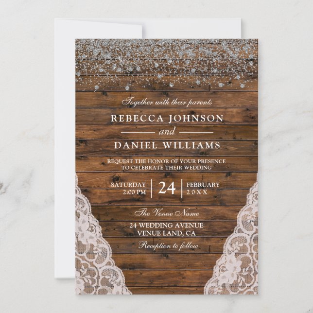 Rustic Wood Lace Glitter Confetti Wedding Invite (Front)