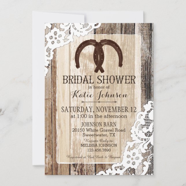 Rustic Wood Lace Horseshoe Country Bridal Shower Invitation (Front)