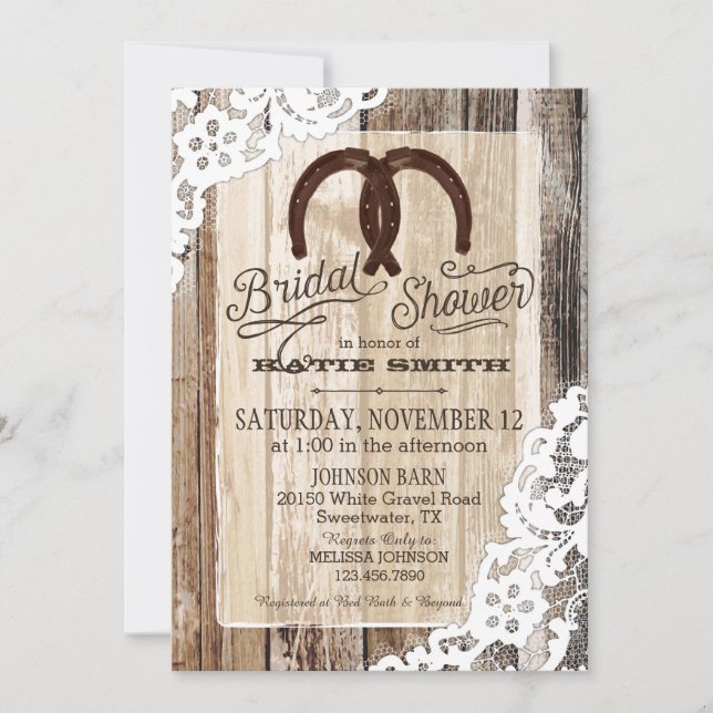 Rustic Wood Lace Horseshoe Country Bridal Shower Invitation (Front)