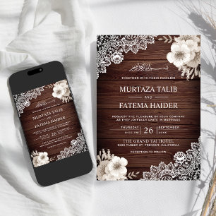 Rustic Wood Lace Ivory Floral Islamic Wedding Invitation