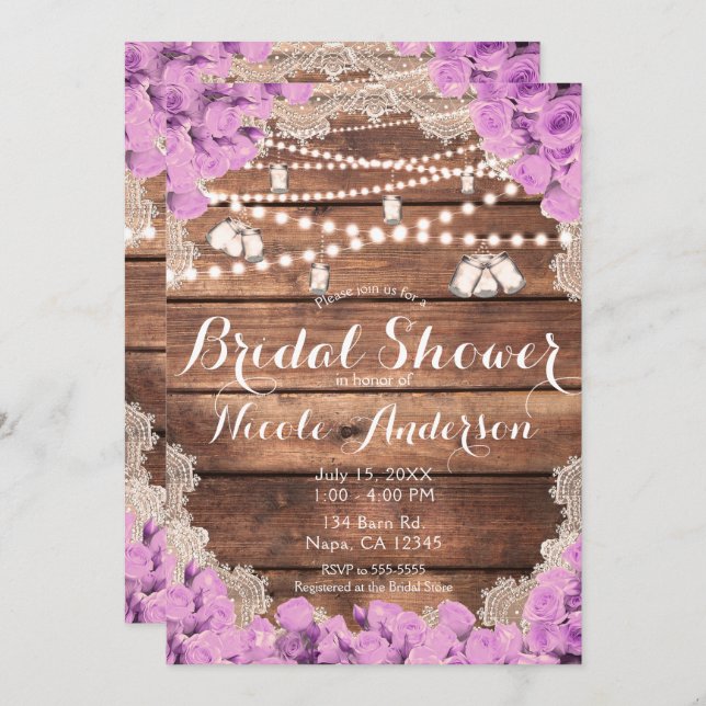 Rustic Wood Lace Lavender Roses Bridal Shower Invitation (Front/Back)