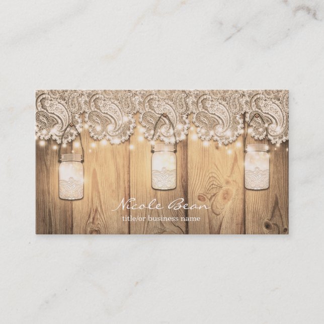 Rustic Wood Lace & Lighted Mason Jar Wedding Business Card (Front)