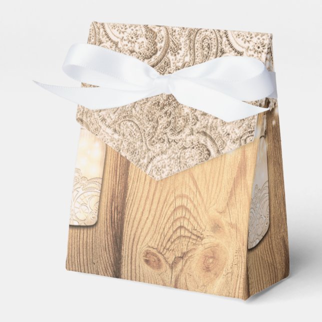 Rustic Wood Lace & Lighted Mason Jar Wedding Favour Box (Front Side)