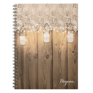 Rustic Wood Lace & Lighted Mason Jars Notebook
