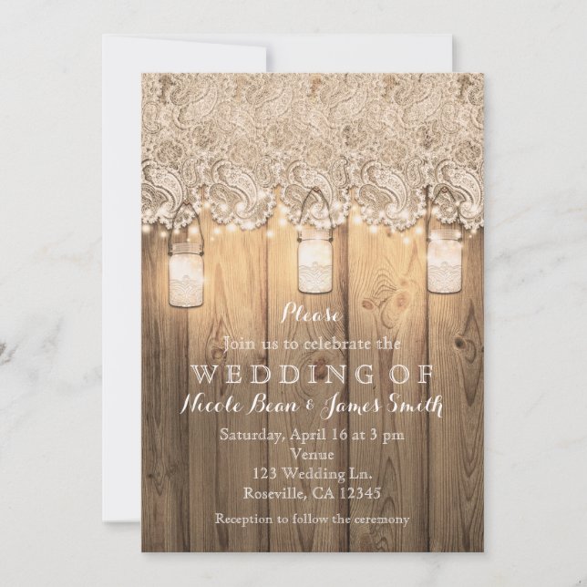 Rustic Wood Lace & Lighted Mason Jars Wedding Invitation (Front)