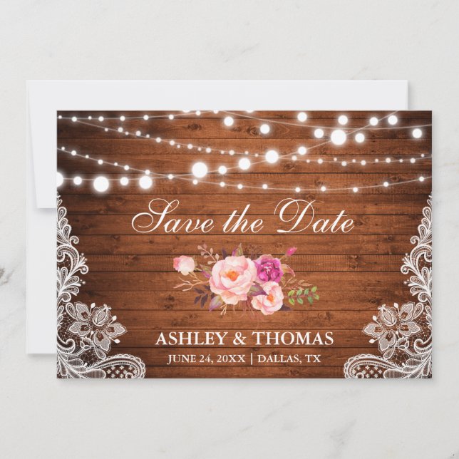 Rustic Wood Lace Lights Pink Floral Save the Date (Front)