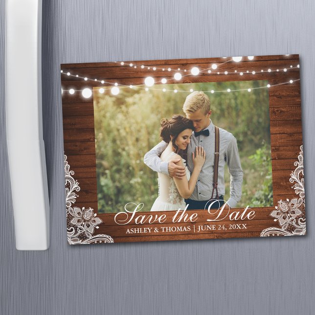 Rustic Wood Lace Lights Save the Date Engagement Magnetic Invitation (Customize to change text size or text style.)
