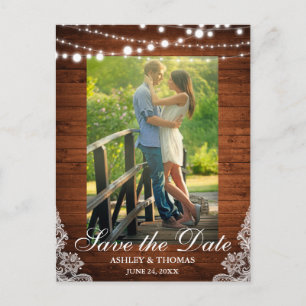 Rustic Wood Lace Lights Save the Date Photo Announcement Postcard