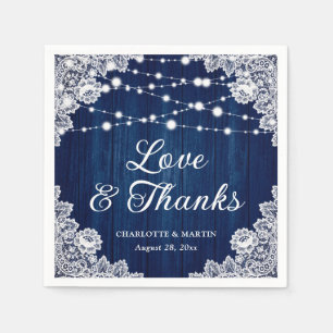 Rustic Wood Lace Love and Thanks Navy Blue Wedding Napkin
