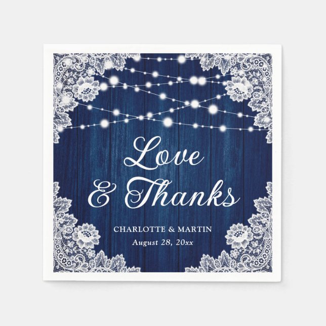Rustic Wood Lace Love and Thanks Navy Blue Wedding Napkin (Front)