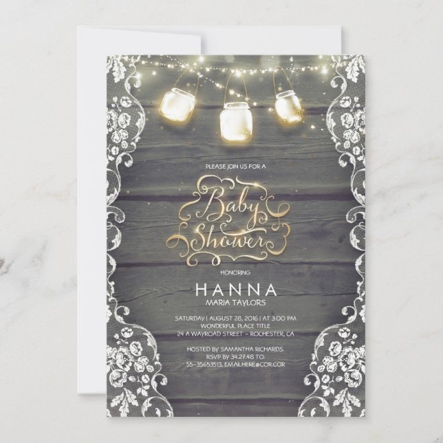 Rustic Wood Lace Mason Jar Lights Baby Shower Invitation (Front)