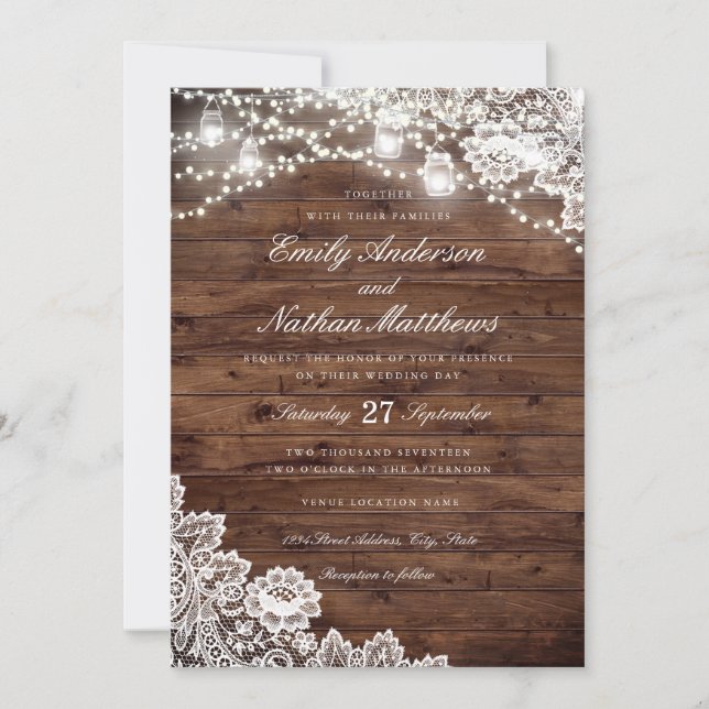 Rustic Wood Lace Mason Jar String Lights Wedding Invitation (Front)