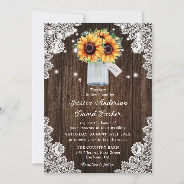 Rustic Wood Lace Mason Jar Sunflower Wedding Invitation (Front)
