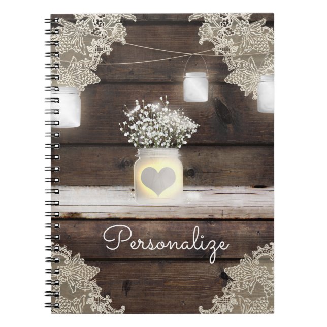 Rustic Wood, Lace & Mason Jars Barn Elegant Custom Spiral Notebook (Front)