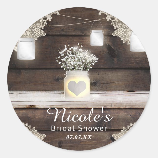 Rustic Wood, Lace & Mason Jars Barn Elegant Favour Classic Round Sticker (Front)