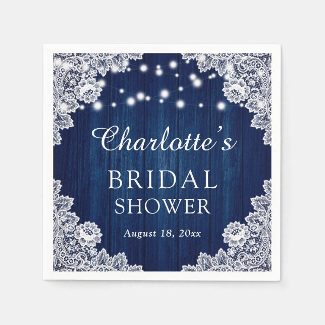 Rustic Wood Lace Navy Blue Bridal Shower Napkins (Front)