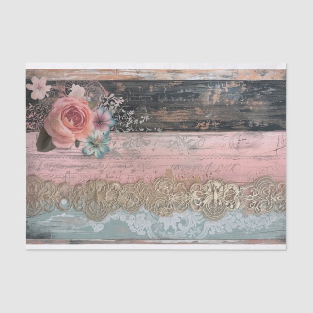 Rustic Wood, Lace, Pastel Flowers Decoupage Tissue Paper (Front)