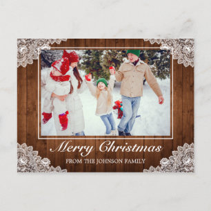 Rustic Wood & Lace Photo Merry Christmas Greeting Announcement Postcard