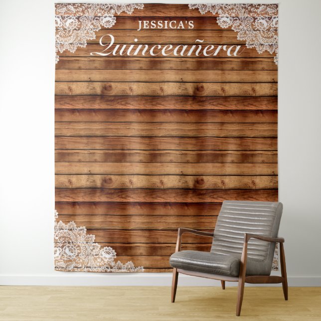 Rustic Wood & Lace Quinceañera Photo Background Tapestry (In Situ)