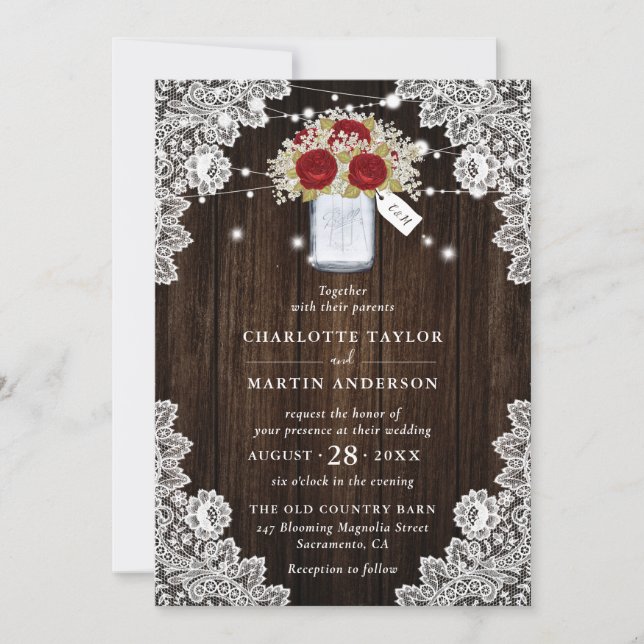 Rustic Wood Lace Red Rose Baby's Breath Wedding Invitation (Front)