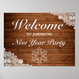 Rustic Wood & Lace Snowflake New Year Welcome Sign