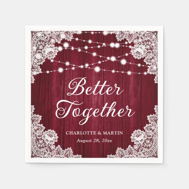 Rustic Wood Lace String Lights Burgundy Wedding Napkin (Front)