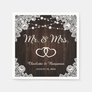 Rustic Wood Lace String Lights Mr and Mrs Wedding Napkin