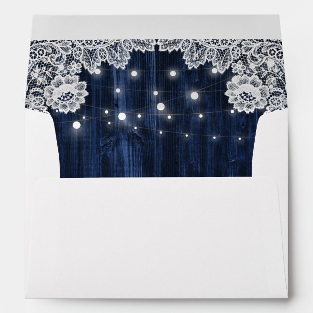 Rustic Wood Lace String Lights Navy Blue Wedding Envelope (Back (Bottom))
