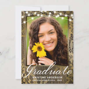 Rustic Wood Lace String Lights Photo Graduation Announcement