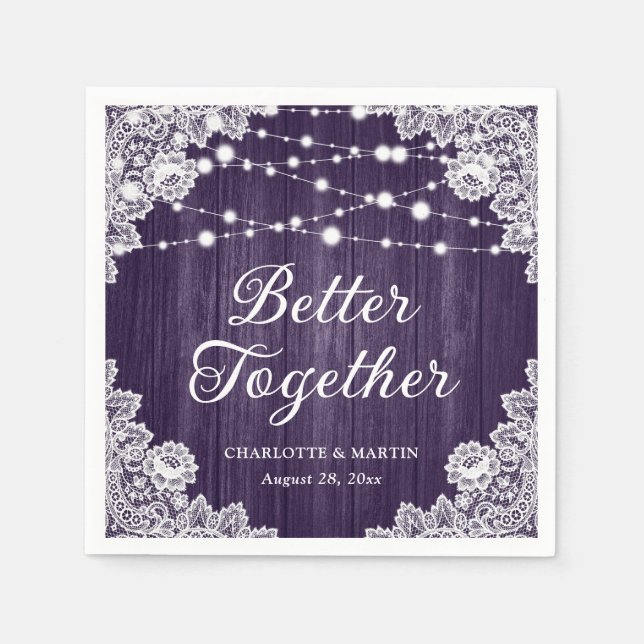 Rustic Wood Lace String Lights Purple Wedding Napkin (Front)