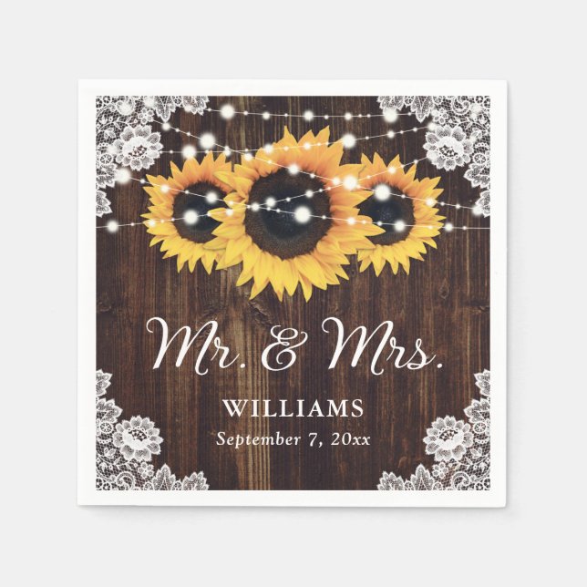 Rustic Wood Lace String Lights Sunflower Wedding Napkin (Front)