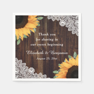 Rustic Wood Lace String Lights Sunflower Wedding Napkin