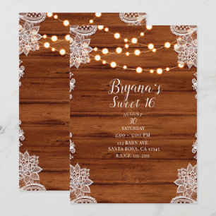 Rustic Wood Lace & String Lights Sweet 16 Party Invitation
