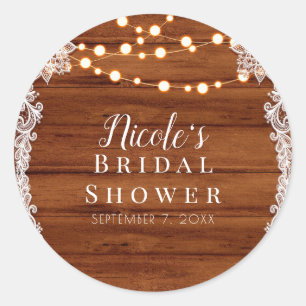 Rustic Wood Lace & String Lights Wedding Bridal Classic Round Sticker
