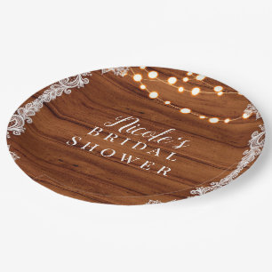 Rustic Wood Lace & String Lights Wedding Bridal Paper Plate